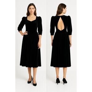1980s Laura Ashley Black Velvet Puff Sleeve Midi Open Back with Bow Dress small